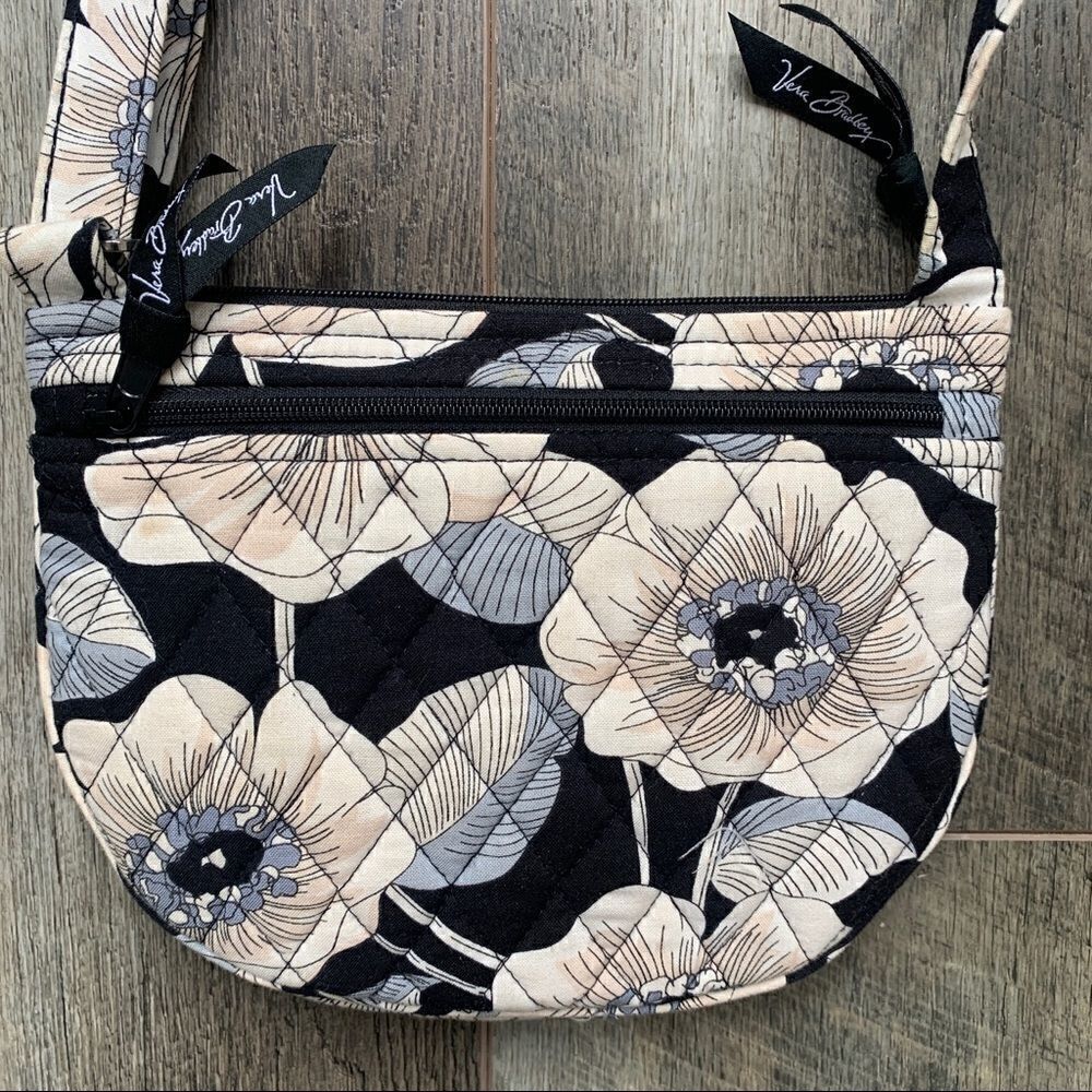 Vera Bradley Retired Camillia Saddle Crossbody Bag Purse Black Grey Floral